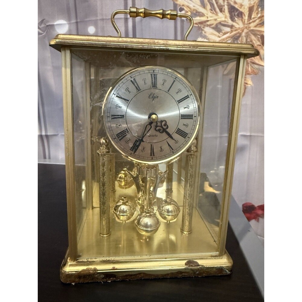 Vintage Elgin Quartz Mantel Clock West Germany Brass & Glass – Works